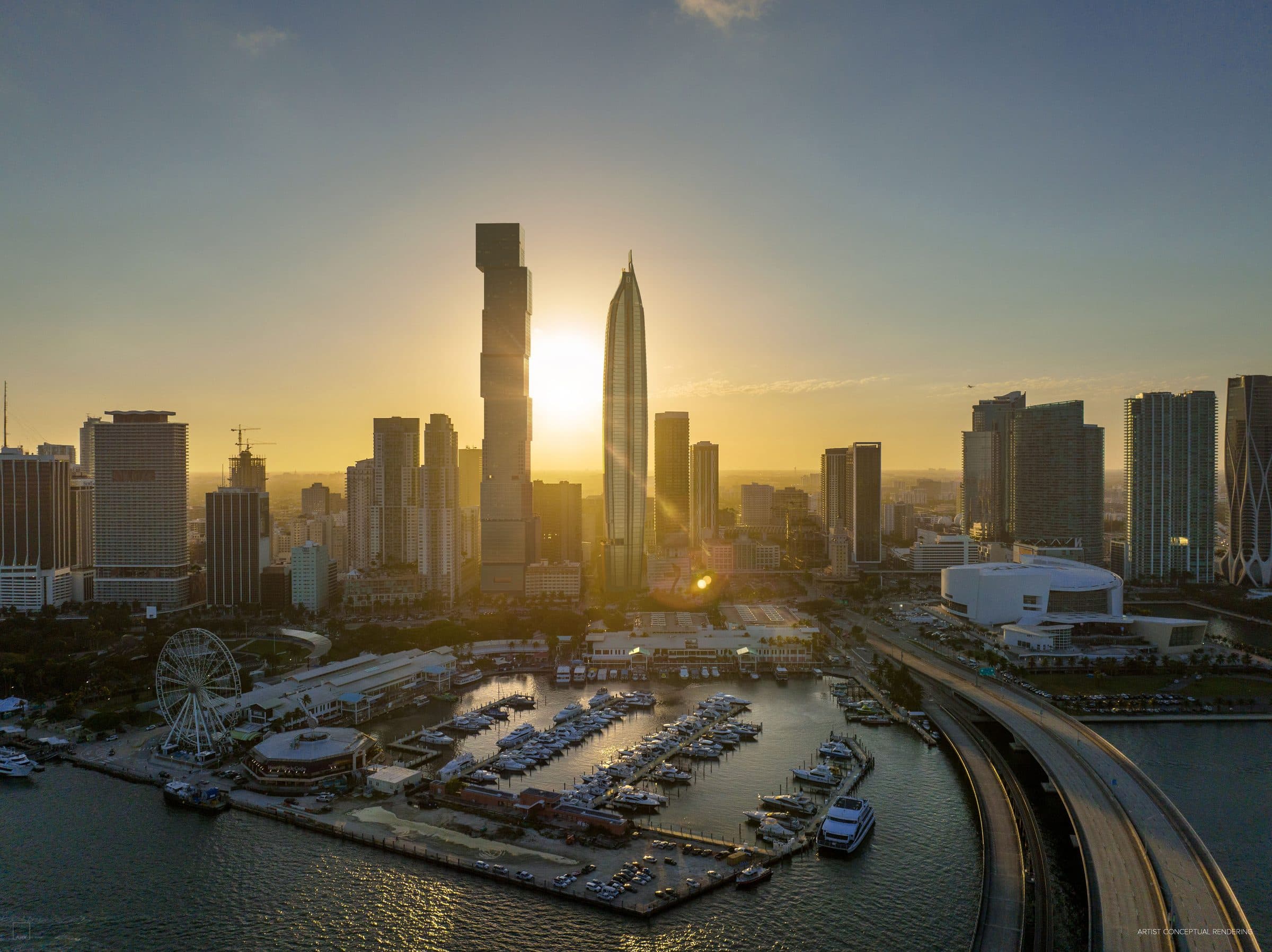 Delano Residences & Hotel Miami al atardecer, sobre el skyline de Downtown Miami